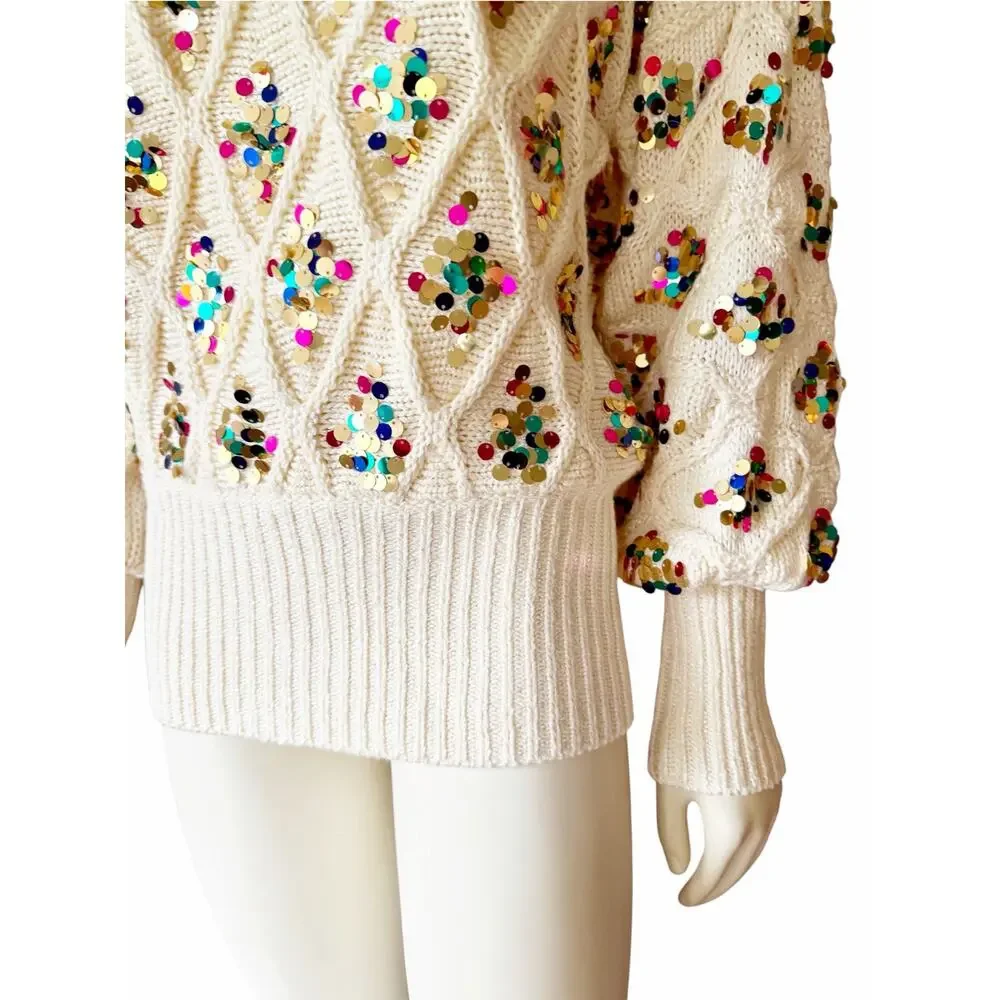 Anthropologie Lara Sequined Sweater Cream Multicolor Party New Years NWT Small